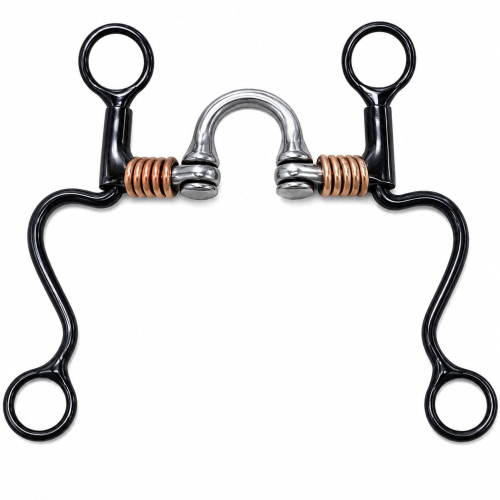 Matte black S-shank Western correction bit with rounded stainless port and copper wire wrapped bars